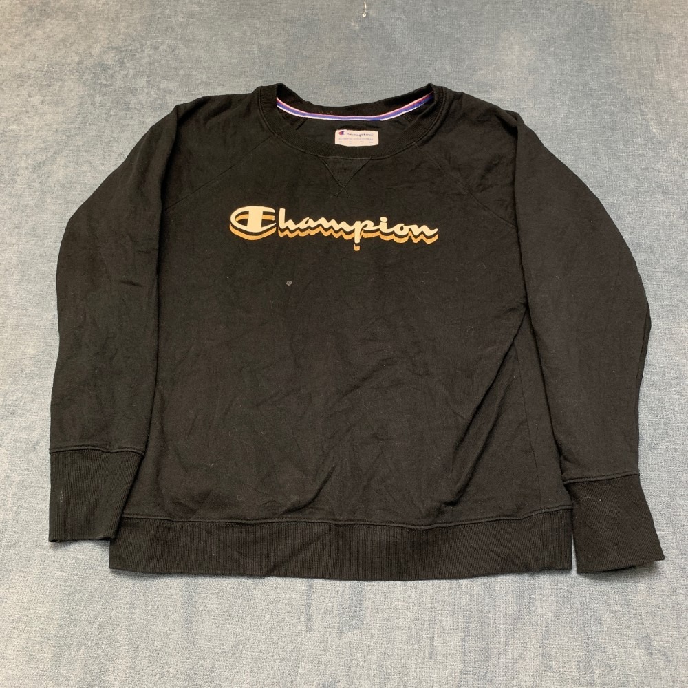 Champion Boyfriend Sweatshirt Womens Large Black Fleece Lined Logo Raglan Sleeve